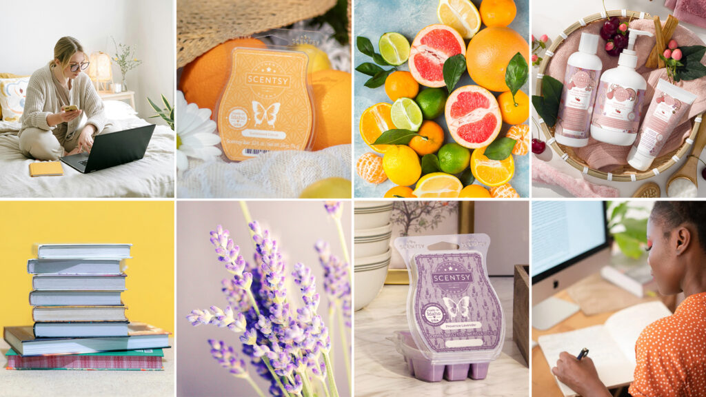 A collage image of women studying on laptops and writing notes in books, piles of books, lavender sprigs, sliced grapefruit and oranges, and Scentsy wax bars and Body products - all displayed in bright light and with soothing, floral forward fragrance notes.