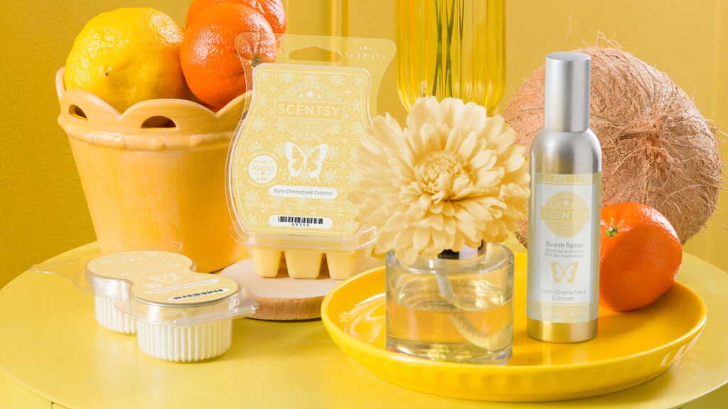 A Scentsy Fragrance Flower, Wax Bar, Room Spray, and Scentsy Pod Twin Pack,