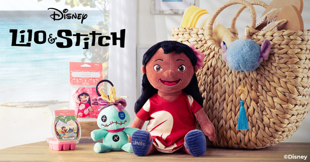 The Disney Lilo and Stitch Scentsy Collection featuring Lilo Buddy, Scrump and Stitch Buddy Clips, Lilo and Stitch Ohana Wax Warmer, and Aloha Adventure Wax Bar and Scent Pak.