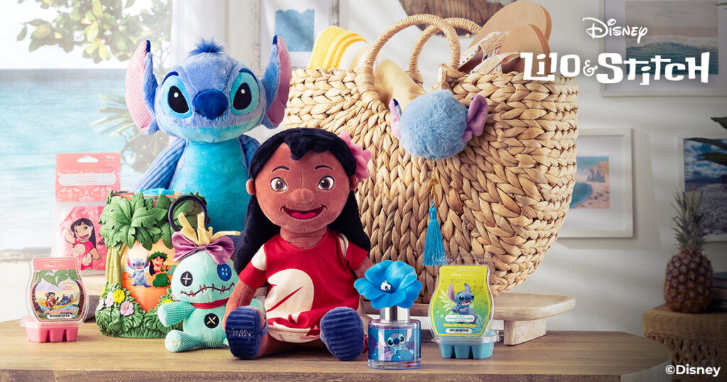 The Disney Lilo and Stitch Scentsy Collection featuring Lilo and Stitch Buddies, Scrump and Stitch Buddy Clips, Lilo and Stitch Ohana Wax Warmer, Experiment 626 Fragrance Flower and Wax Bar, and Aloha Adventure Wax Bar and Scent Pak.