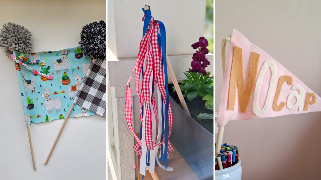 Three images of cute, home made, DIY flags: pom pom flags, ribbon flags, and pennant flags.