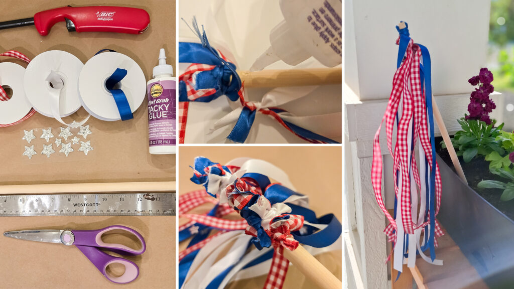 A series of images showing step-by-step instructions for the supplies, measuring, cutting, and how to put together a DIY ribbon flag.