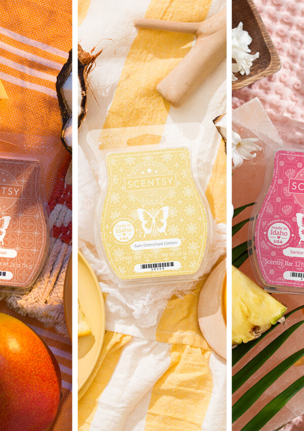 Wild Seaside, Sunset Cocktail, Sun-drenched Cotton, Santorini Blossom, and Sorrento Breeze Scentsy bars from the Scentsy Destinations Collection are each individually surrounded with blossoms, fruits, herbs, and other items that match each wax bar's fragrance notes.