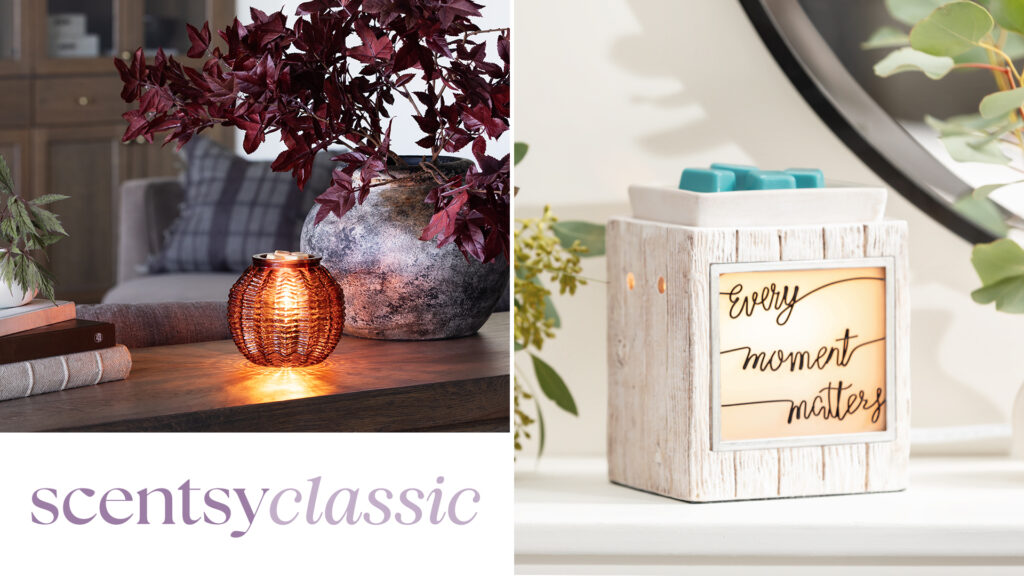 Two Scentsy Warmers from the Scentsy Classic product line sit on mantles or living room shelves. Each radiate light, filing their surroundings with fragrance from melted wax.