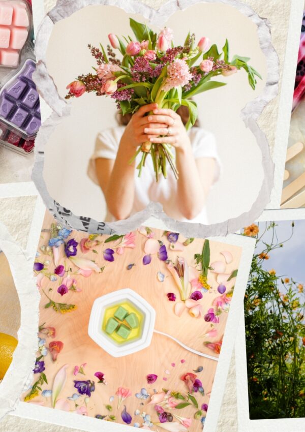A collage image of scentsy wax bars, summer flowers, popsicles, sunshine, citrus fruits - all things that evoke a summer vibe.
