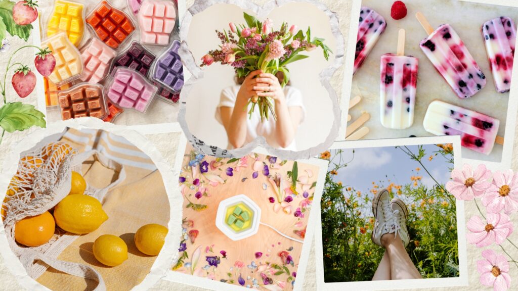 A collage image of scentsy wax bars, summer flowers, popsicles, sunshine, citrus fruits - all things that evoke a summer vibe.