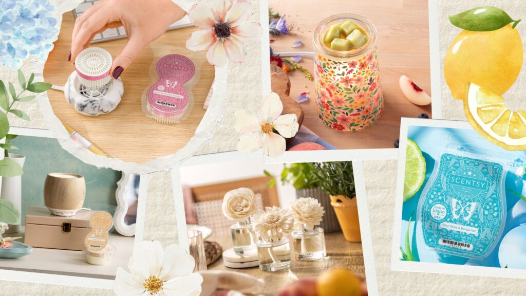 A collage image of a mix of summery Scentsy products such as Wax Bars, Fragrance Flowers, Scentsy Pods, and Scentsy Air Diffusers.