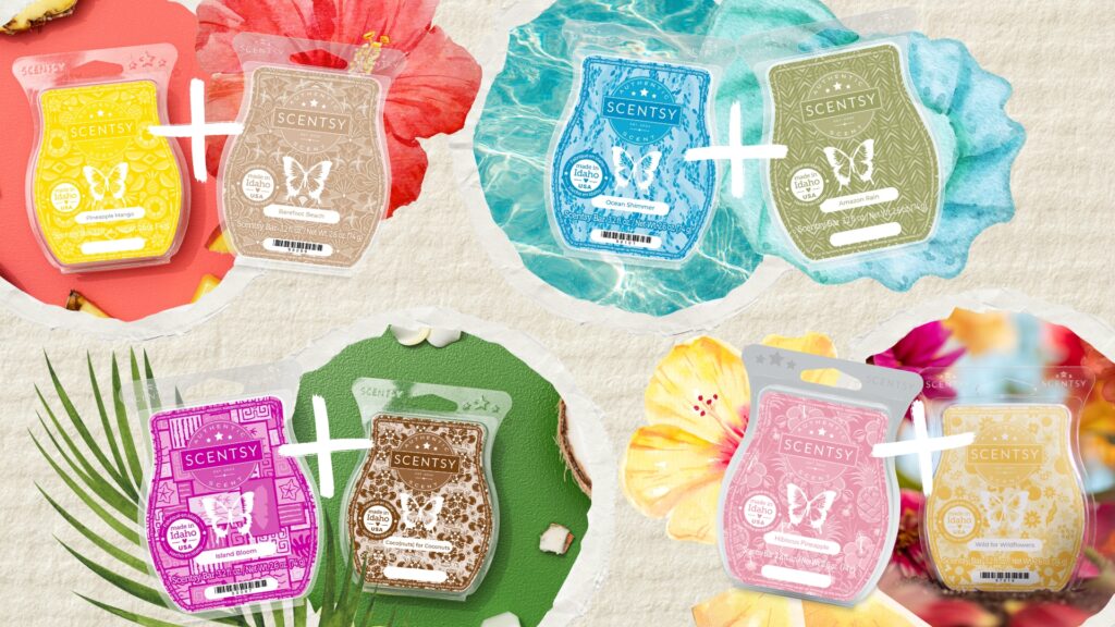 Scentsy Wax Bars are placed next to each with fragrance notes like fruits, blossoms, and shimmering water splashed behind them, combining to make their own unique, mix and matched fragrance.