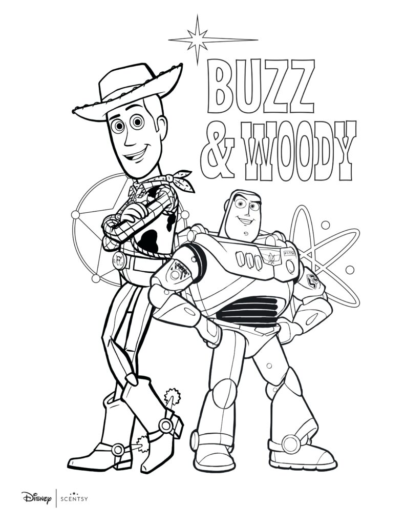 A black and white line-image of Buzz and Woody Scentsy Buddies from Disney's Toy Story, designed as a coloring book page.