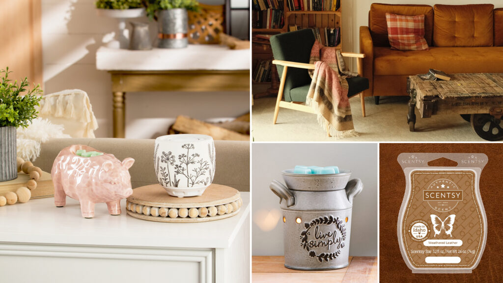 Sets depicting farmhouse-style living rooms in browns and tans with exposed wood furniture, decorated with Sentsy Warmers and warm-brown labeled Scentsy Fan Diffusers.