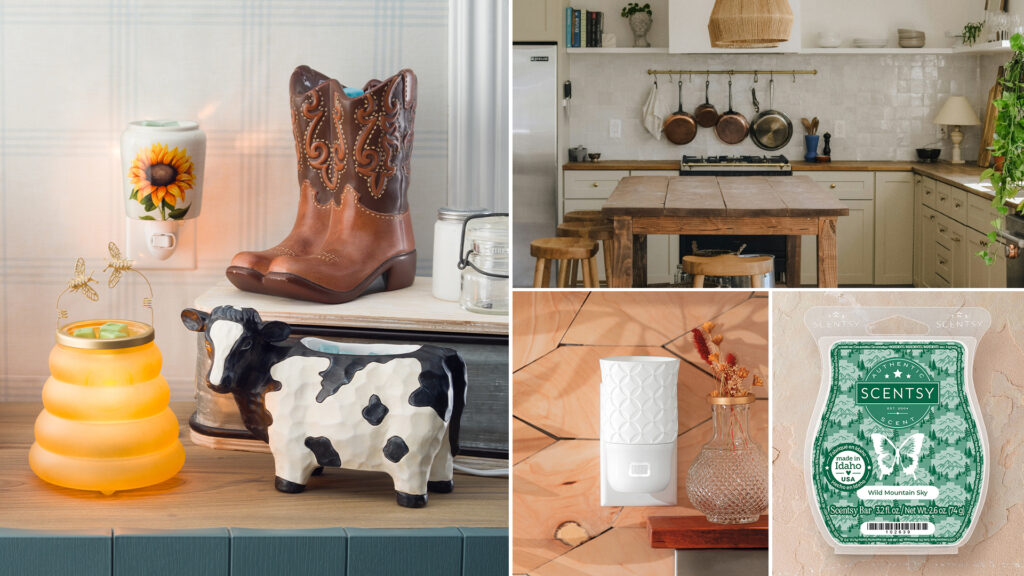 Kitchesn, countertops, and other sets depicting rustic, ranch-style homes with copper, wood, and white color aesthetics, wooden tables and stools, and Scentsy decor like cowboy boot warmers, cow warmers, and dark green labeled Wild Mountain Sky Wax Bars.