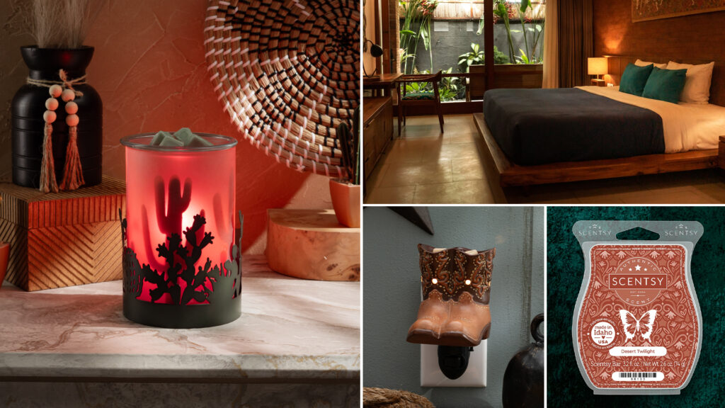 Bedrooms, countertops, and other sets depicting Western Gothic chic styles and home decor like mini cowboy boot warmers, the Scentsy Mojave Warmer, and the brown labled Desert Twilight Scentsy Wax Bar.