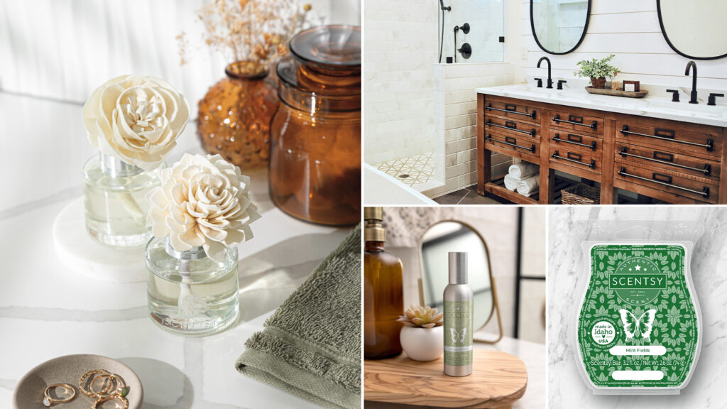 Bathrooms bathed in white marble, dark stained wood, and black iron furnishings and trim are decorated with elegant Scentsy Fragrance Flowers, a silver and sage colored Scentsy Room Spray bottle, and the emerald green Mint Fields Sentsy Wax Bar.