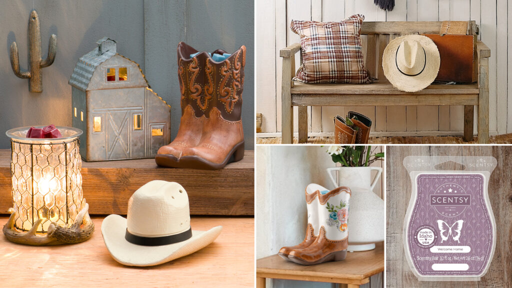 A western-themed home entryway with white or blue painted wood-paneled walls, an exposed wooden bench, checked pillows, cowboy hats, cowboy and cowgirl boot wax warmers, and the light purple labeled Scentsy Welcome Home Wax Bar.