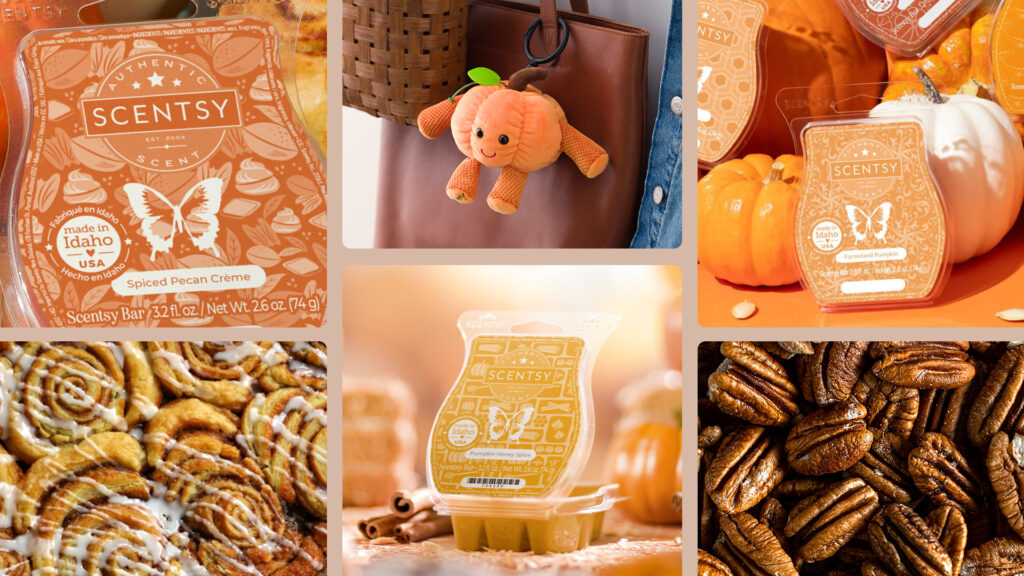 A pumpkin-themed collage of cinnamon rolls, toasted walnuts, white and orange pumpkins, the Jinx the Pumpkin Scentsy Buddy Clip plush toy hanging from a purse, and Scentsy wax melts in the Spiced Pecan Crème Scentsy and Pumpkin Honey Spice Wax Bar fragrances.