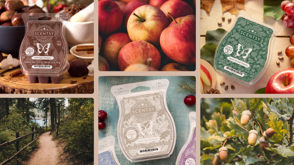 A nature-themed collage image with apples, acorns, fall colors, dirt paths leading through pine forests, and the Apple Harvest Dreams, White Oak Woodland, and Moonlight Whisper Scentsy Wax Bar wax melts. 