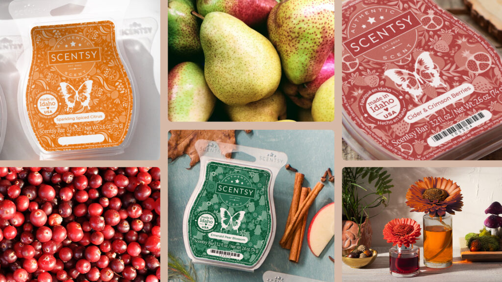 A harvest-themed collage of ripening pairs, juicy red cranberries, orange and crimson Scentsy Fragrance Flowers, and wax melts in the Sparkling Spiced, Cider and Crimson Berries, and Emerald Pear Blossoms Wax Bar Fragrances. 