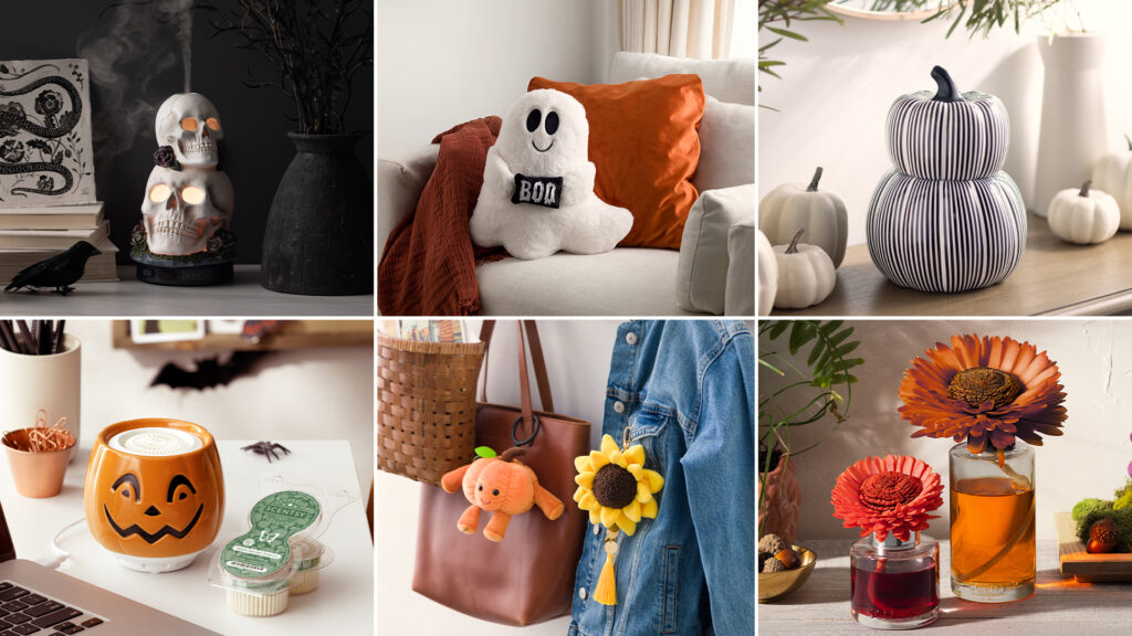 Scentsy Halloween warmers, diffusers, plush buddies, and fragrance flowers, all in different seasonal home decor styles.