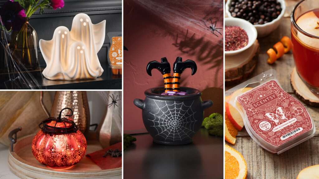 Ghost, pumpkin, and cauldron shaped wax melt warmers from the Scentsy Harvest Collection and Halloween product lines.