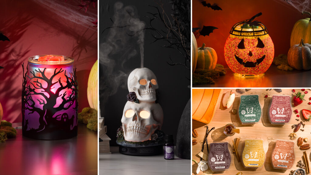 A jack-o-lantern warmer, Halloween skull oil diffuser, and haunted tree wax warmer are decorating halloween home decor displays.