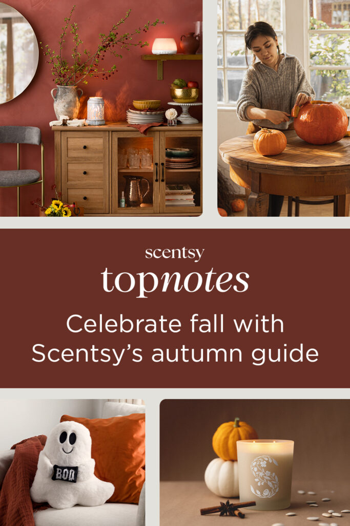 A collage of fall scented candles, halloween plush toys, and fall and halloween activities and decor. In the center, text reads "Scentsy Top Notes: Celebrate fall with Scentsy's autumn guide."