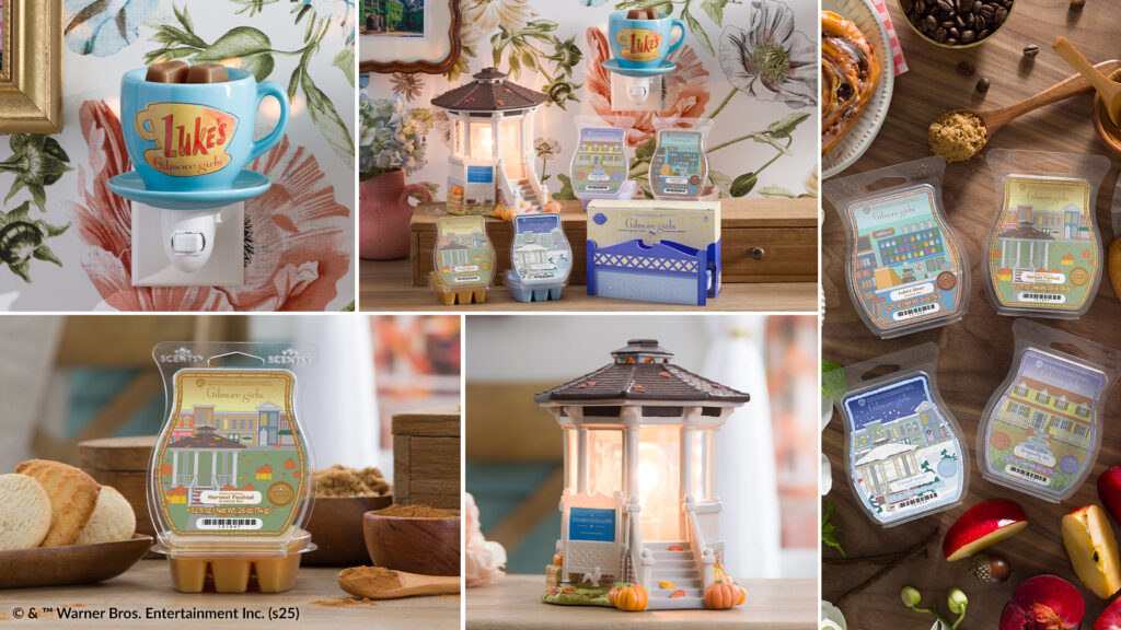A collage of Glimore Girls Collection products from Scentsy, featuring warmers like Welcome to Stars Hollow Scentsy Warmer and Luke's Coffee Mug mini Warmer, as well as Scentsy Wax Bars like "I Smell Snow," Dragonfly Inn, Luke's Diner, Star's Hollow Festival. 