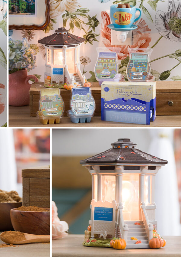 A collage of Glimore Girls Collection products from Scentsy, featuring warmers like Welcome to Stars Hollow Scentsy Warmer and Luke's Coffee Mug mini Warmer, as well as Scentsy Wax Bars like "I Smell Snow," Dragonfly Inn, Luke's Diner, Star's Hollow Festival.