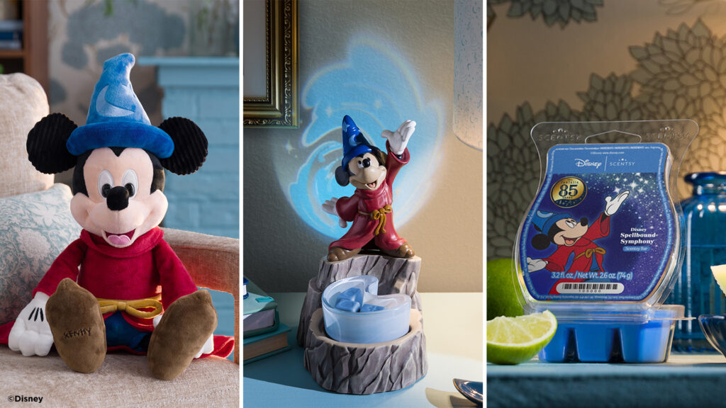 The Disney Fantasia Mickey Mouse Sorcerer's Apprentice Wax Warmer sits on a bedside desk between the the Spellbound Symphony Scentsy Wax Bar and the Mickey Mouse Sorcerer's Apprentice plush wearing the legendary, blue, moon and star wizard's hat.