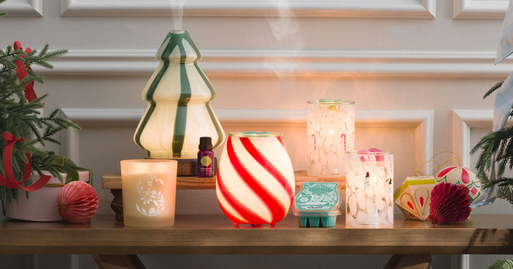 Christmas tree shaped diffusers, candy-cane inspired warmers, scented wax melts, and candles from the Scentsy Contemporary Holiday Collection. 