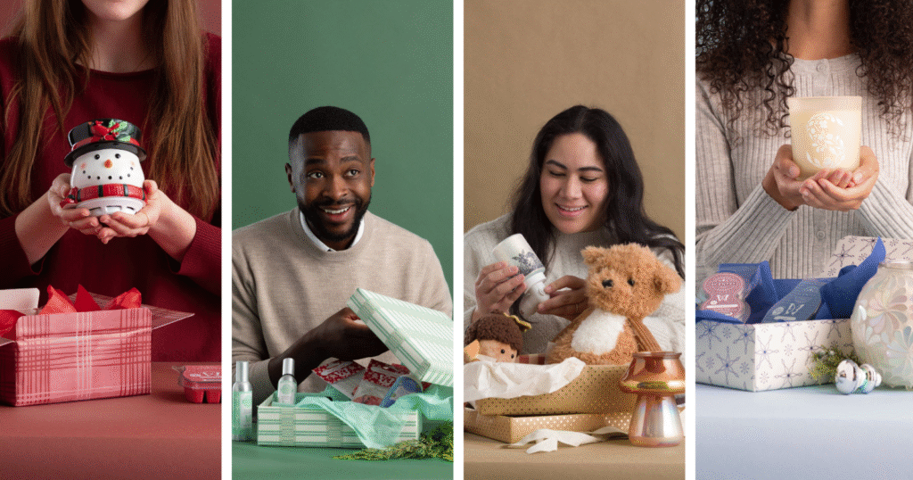 People open Scentsy gift sets Christmas presents bursting with Scentsy products.