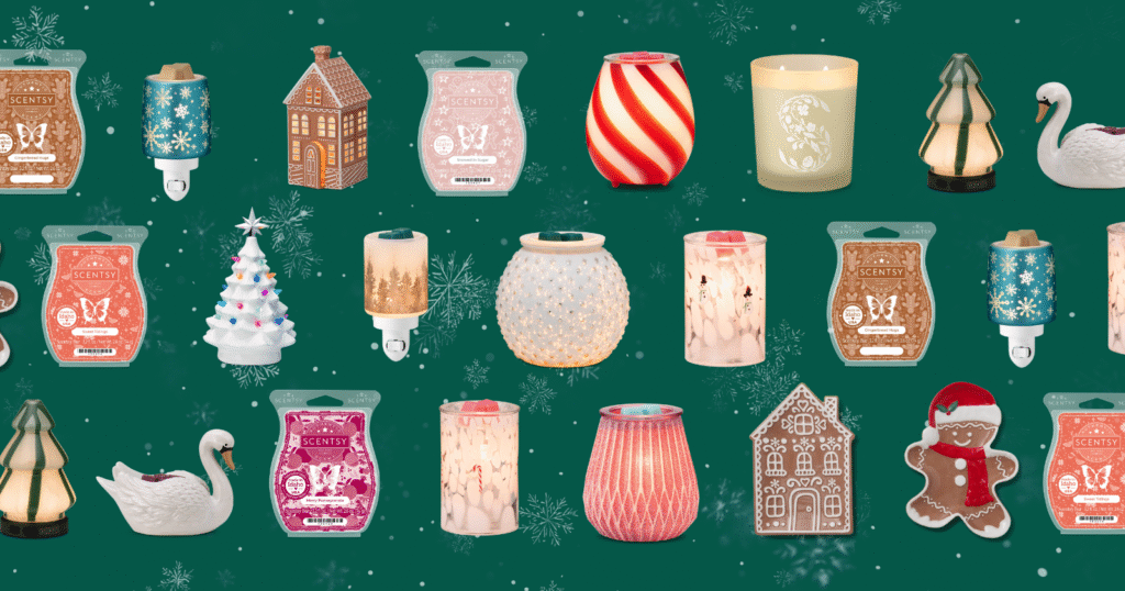 A collection of Scentsy Christmas and Holiday warmers, wax melts, diffusers, and candles on a background of falling snowflakes and green splash.