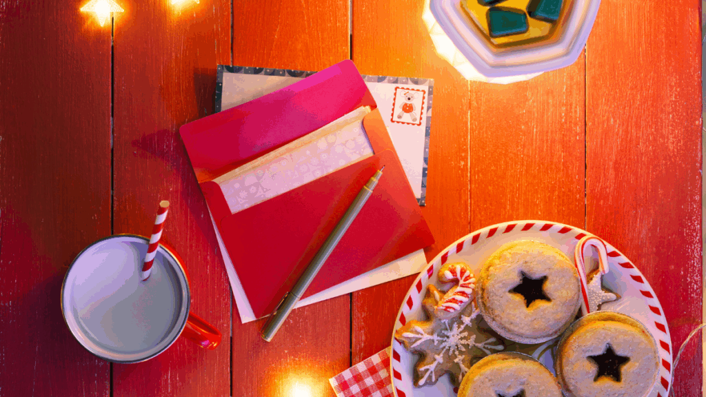 A letter, pen, and envelope sit on a table beside a plate of Christmas cookies, a glass of milk with candycane straw, and a Scentsy Wax Warmer, all surrounded by a string of glowing snowflake Christmas lights.