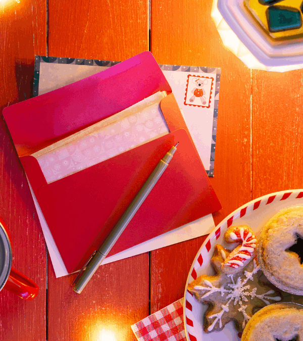 A letter, pen, and envelope sit on a table beside a plate of Christmas cookies, a glass of milk with candycane straw, and a Scentsy Wax Warmer, all surrounded by a string of glowing snowflake Christmas lights.