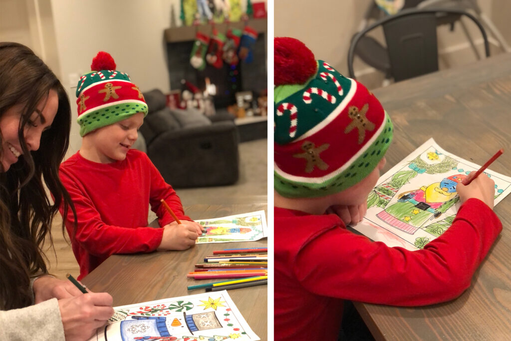 Children in red sweaters and christmas stocking caps coloring Scentsy coloring pages.