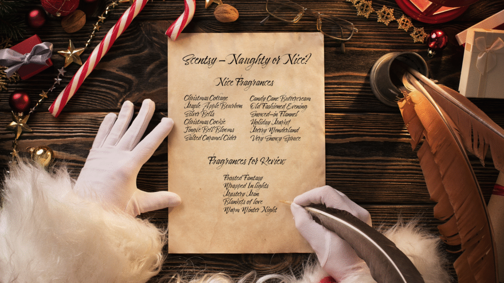 Santa sits at a desk, quill in hand, writing a Scentsy Fragrance naughty or nice list.