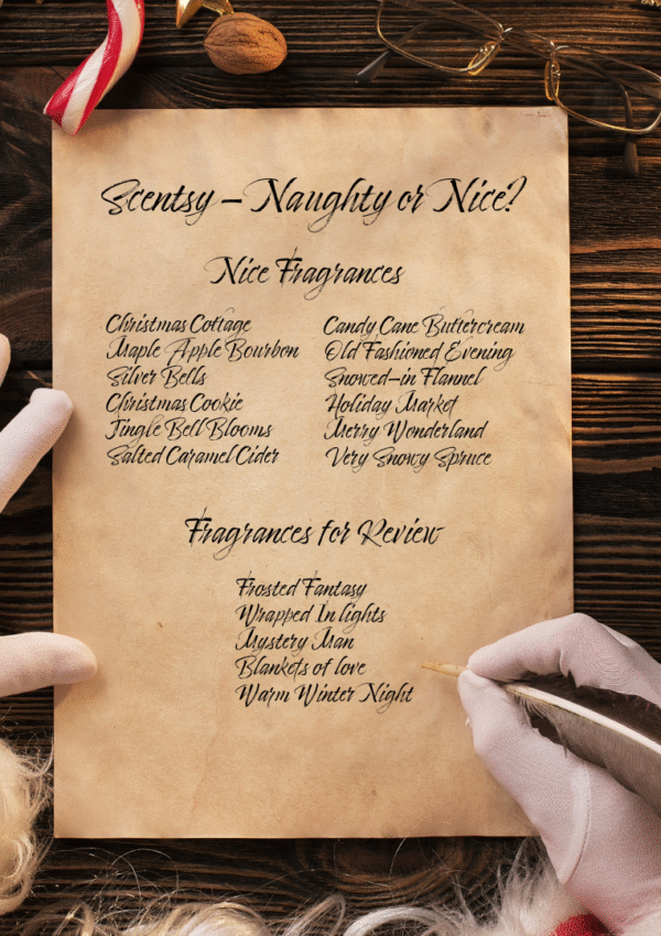 Santa sits at a desk, quill in hand, writing a Scentsy Fragrance naughty or nice list.