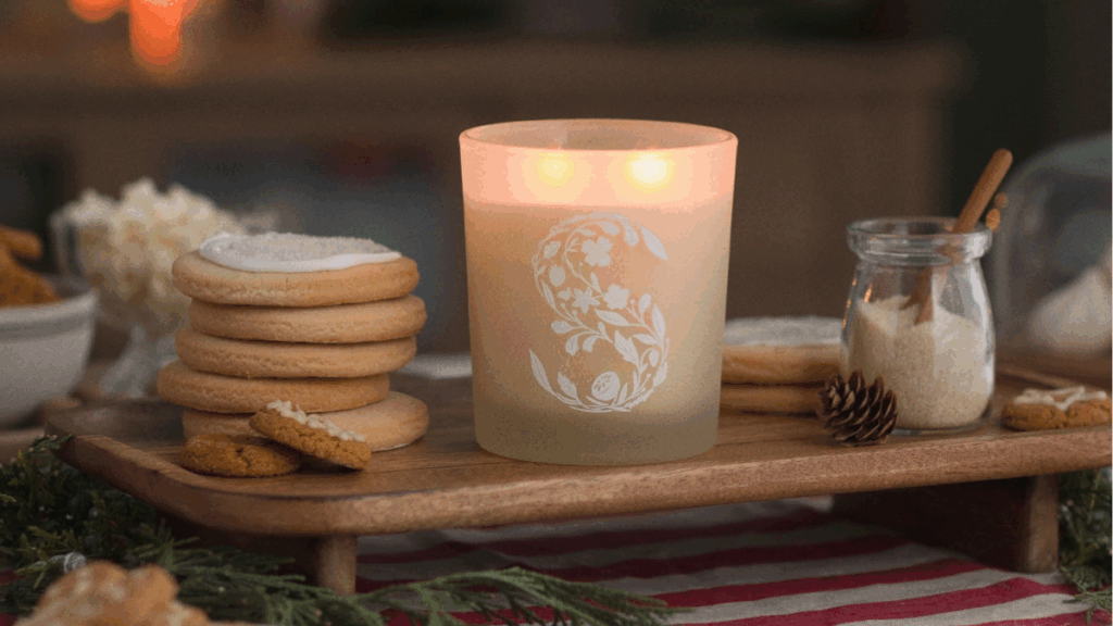 A Scentsy Gingerbread Cookie Scented Dual-Wick Candle sits on a wooden serving platter beside a stack of frosted gingerbread cookies, cinnamon sticks, and other baking goods.