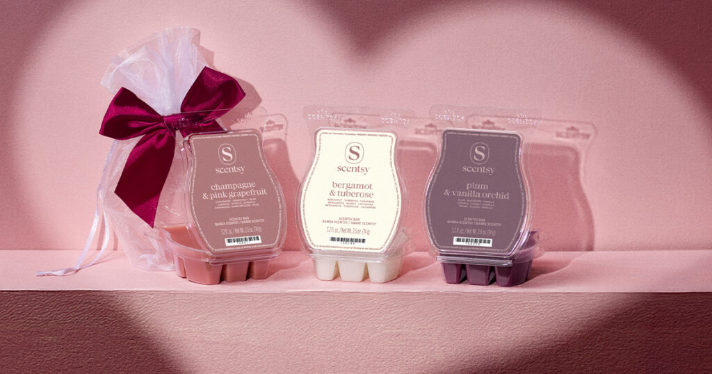 Scentsy wax melts from the Valentine's Day Wax Bar Bundle framed by a heart. 