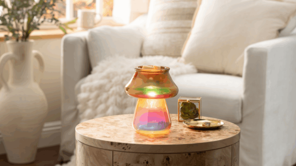 The Scentsy Aminita mushroom warmer sits on a coffee table in front of a white chair an inviting and softly decorated living room. 