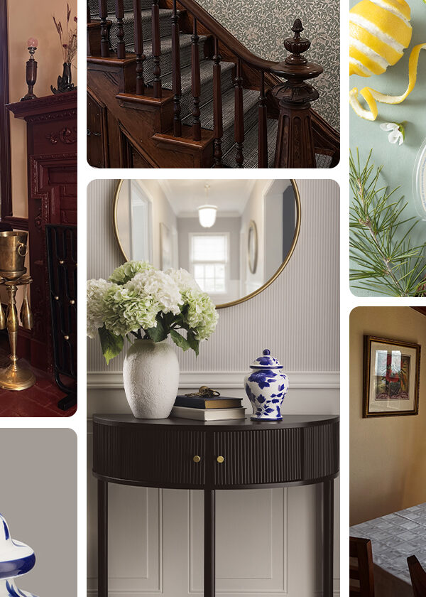 Images collaged to show classic home decor style and interior design with Scentsy products.