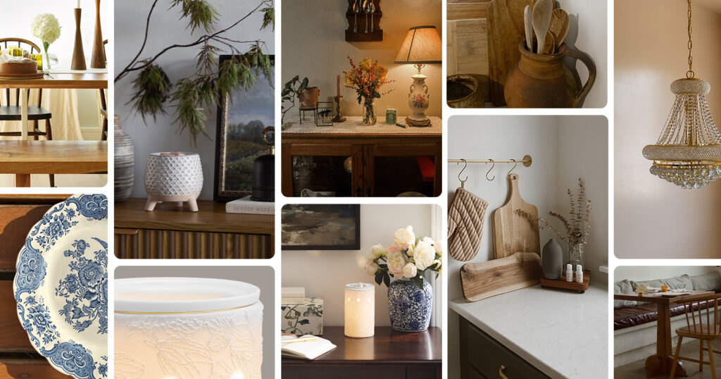 A collage of images that represent elegant, timeless, stylish Scentsy decor through vintage style, natural textures, and subtle forms.