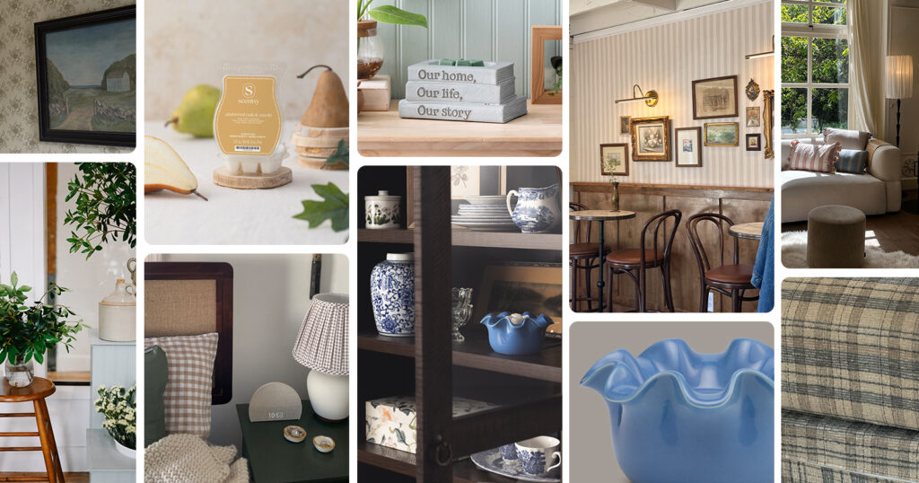 a collage of images that represent familiar, timeless, comfortable Scentsy decor trends through nostalgic vintage style, plaid textures, and simple forms.