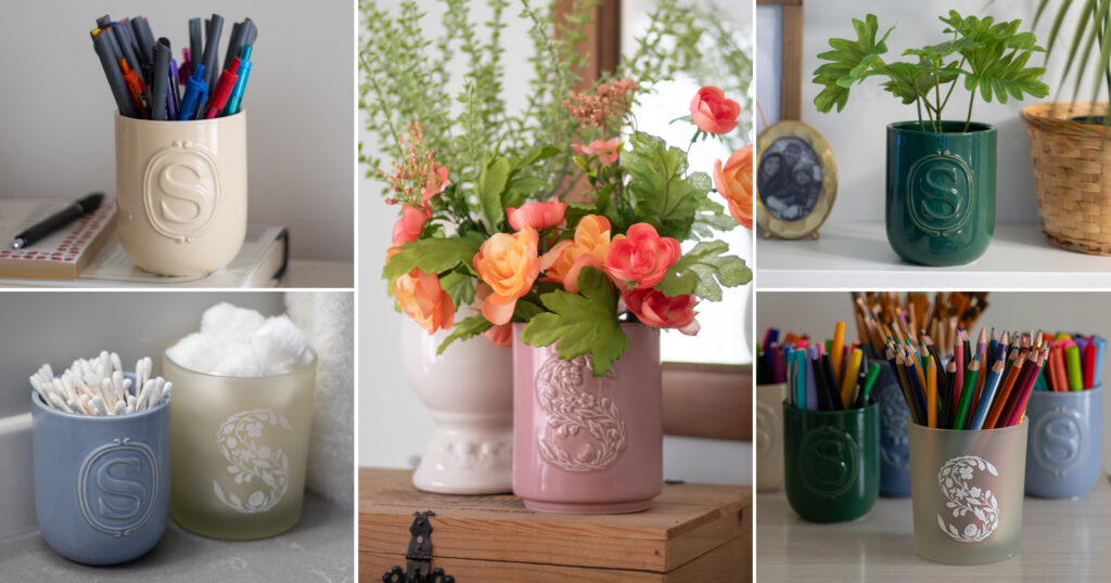 Collage of images showing recycling and upcycling ideas for Scentsy Candle jars and vessels like holding pens and pencils or pots for plants.