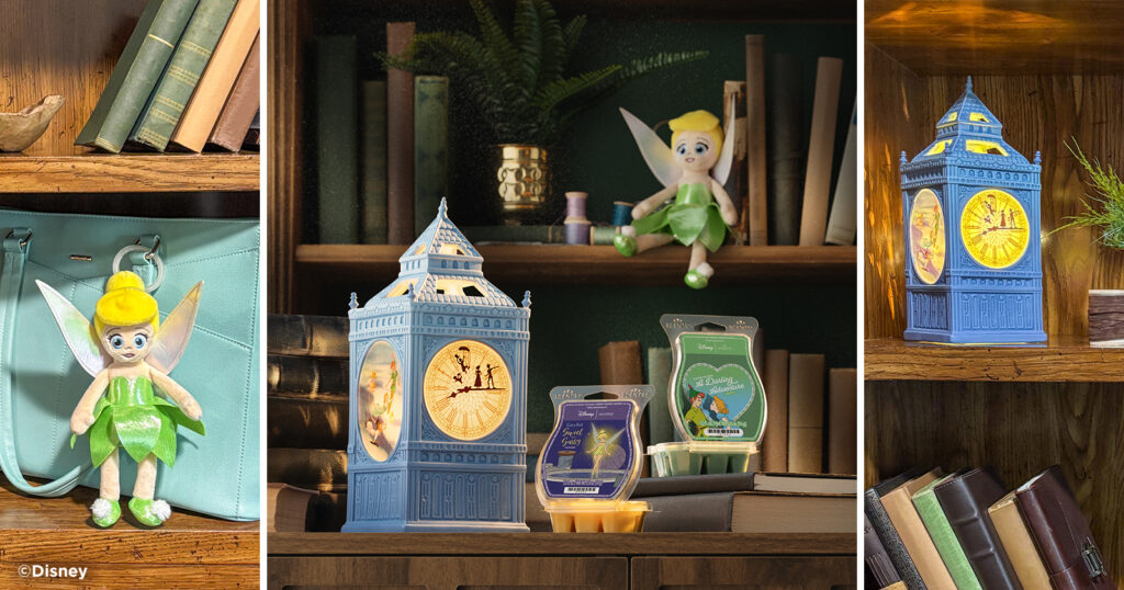 Scentsy Disney Peter Pan Collection products are displayed in a bookshelf