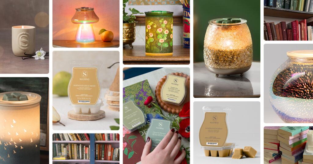 Scentsy products illustrate various bookshelf theme ideas.