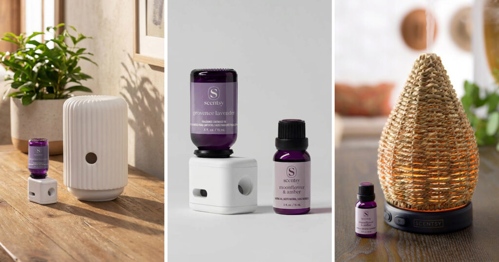 A collage showing a premium Scentsy water-based Diffuser, Scentsy Fragrance Cartridges and the Smart Diffuser, the Scentsy Solo.