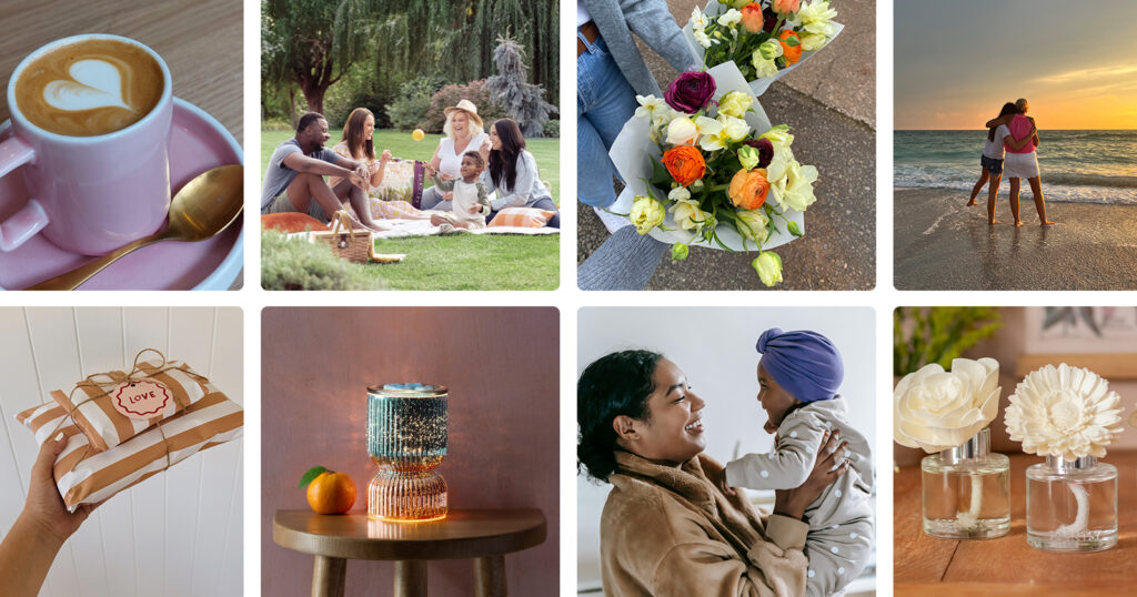 A collage of floral bouquets, mothers with their children, family outings in the park, a cup of coffee with a heart, packages and Scentsy products perfect for gift giving.