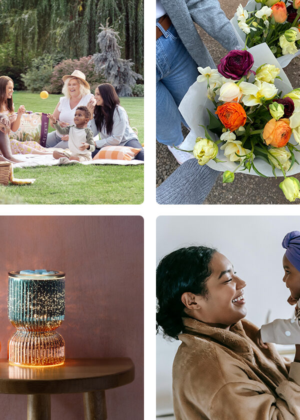 A collage of floral bouquets, mothers with their children, family outings in the park, a cup of coffee with a heart, packages and Scentsy products perfect for gift giving.