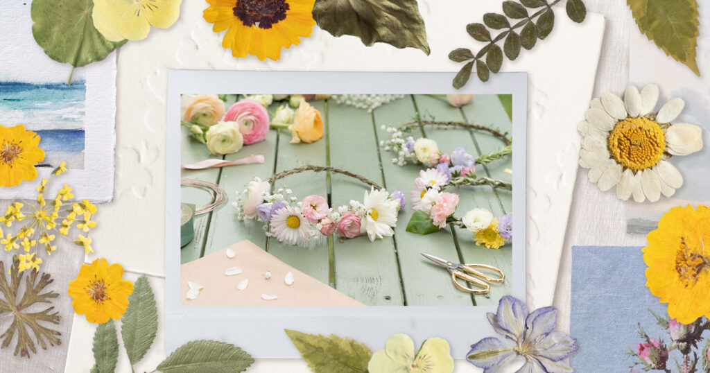 Flowers, greens and flower crowns are compiled into a collage. 