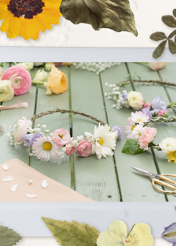 Flowers, greens and flower crowns are compiled into a collage.